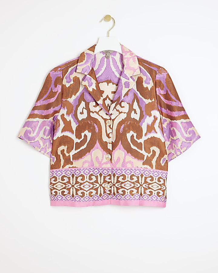 Petite purple satin abstract shirt