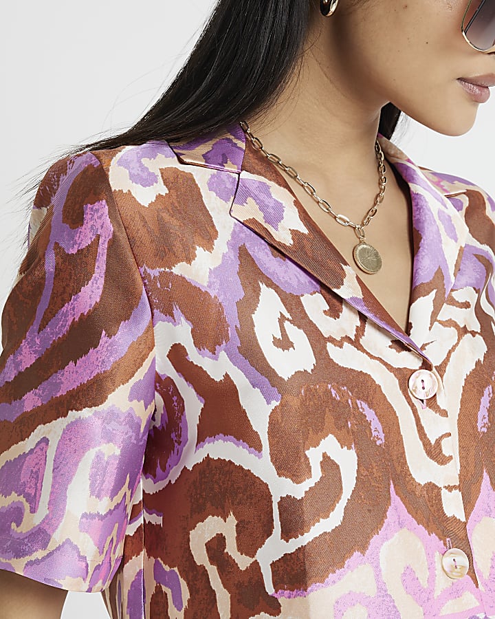 Petite purple satin abstract shirt