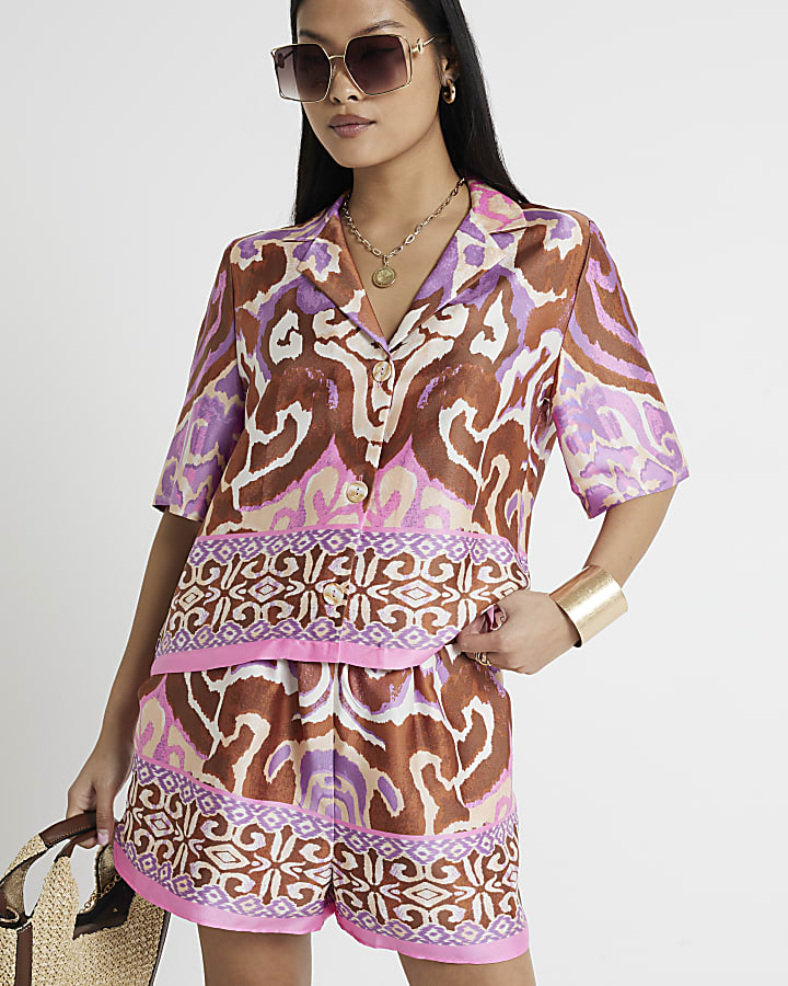 Petite purple satin abstract shirt