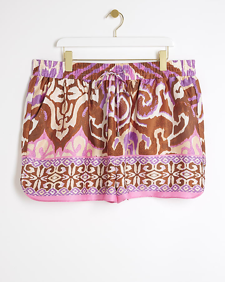 Plus Purple Satin Abstract Elasticated Shorts