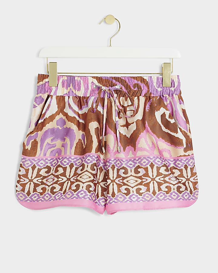 Petite Purple Satin Abstract Shorts