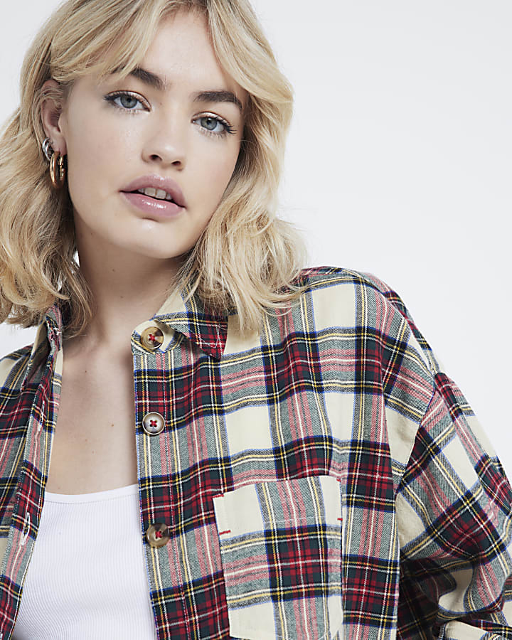 Red check cropped shirt