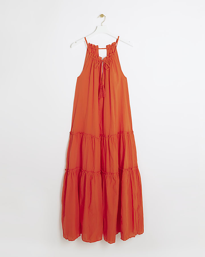 Red tiered smock maxi dress