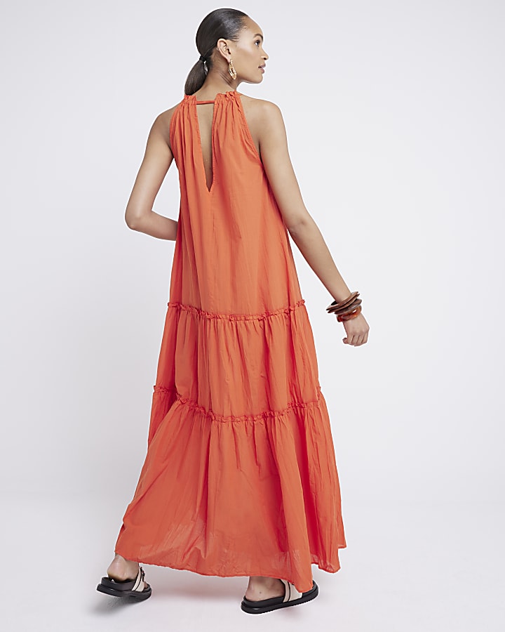 Red tiered smock maxi dress