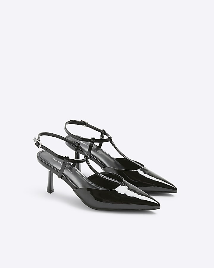 Black patent sling back heeled court shoes