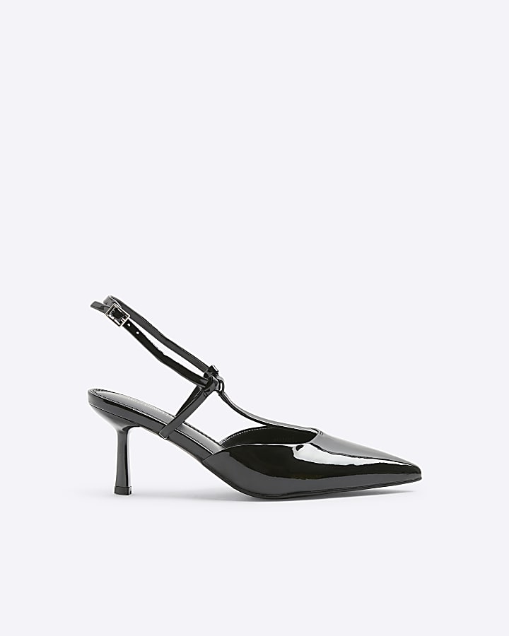 Black patent sling back heeled court shoes