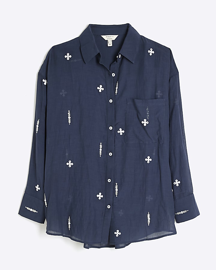 Blue embroidered oversized shirt