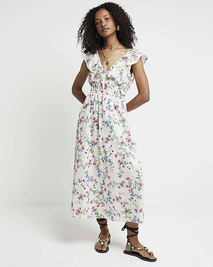 Cream floral frill swing midi dress River Island