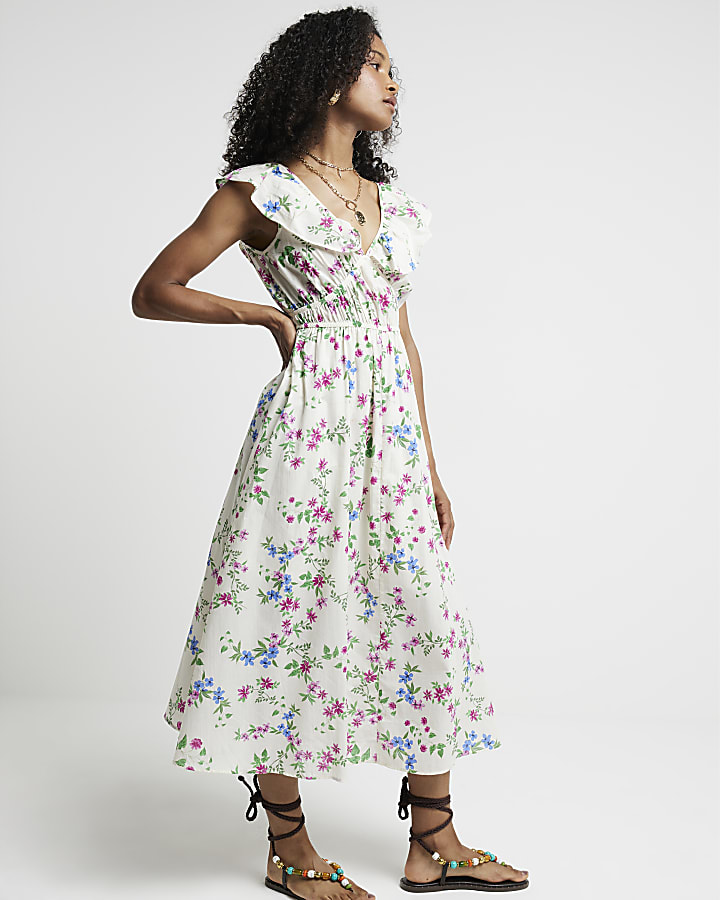 Cream floral frill swing midi dress