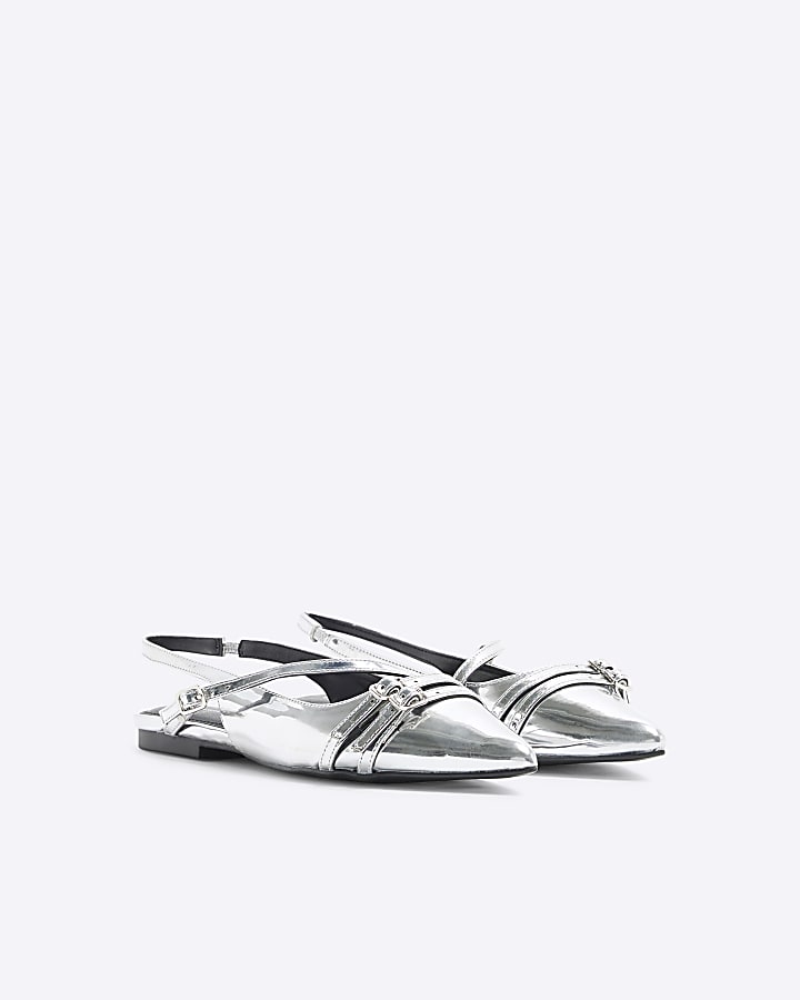 Silver Sling Back flat Buckle Ballet Flats