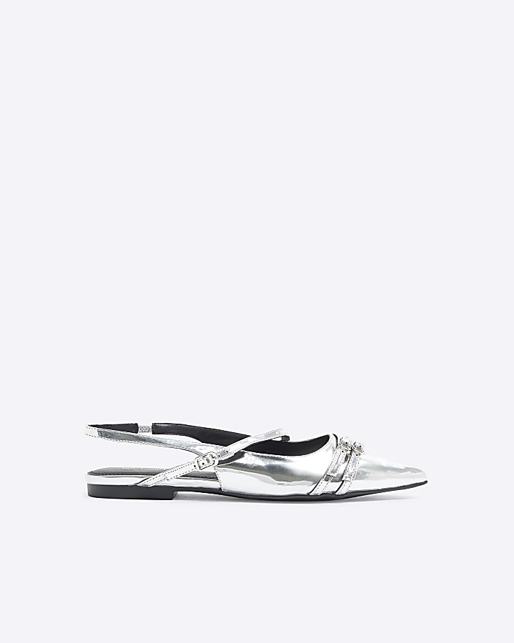 Silver Sling Back flat Buckle Ballet Flats