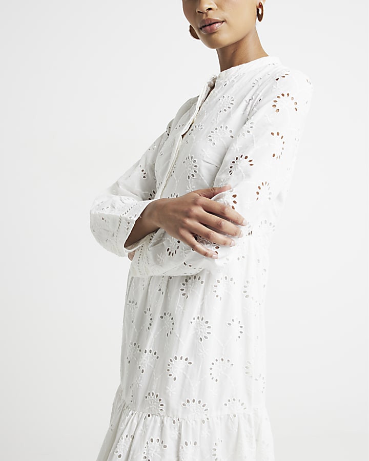 White Broderie Tiered Midi Shirt Dress