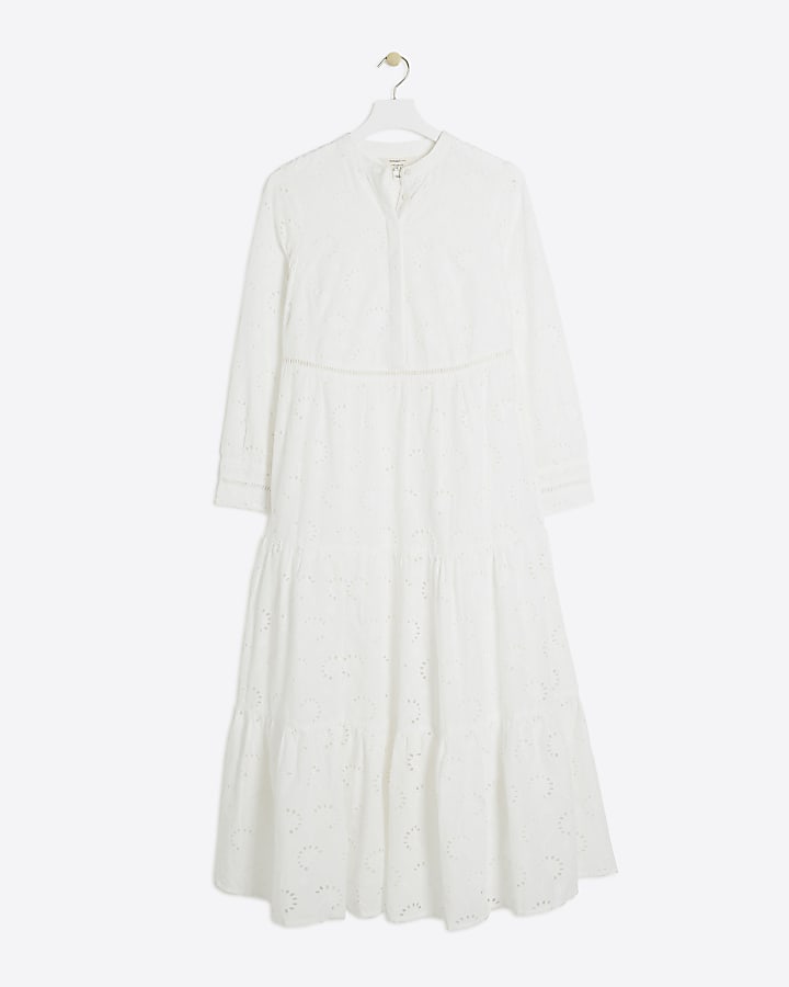 White Broderie Tiered Midi Shirt Dress