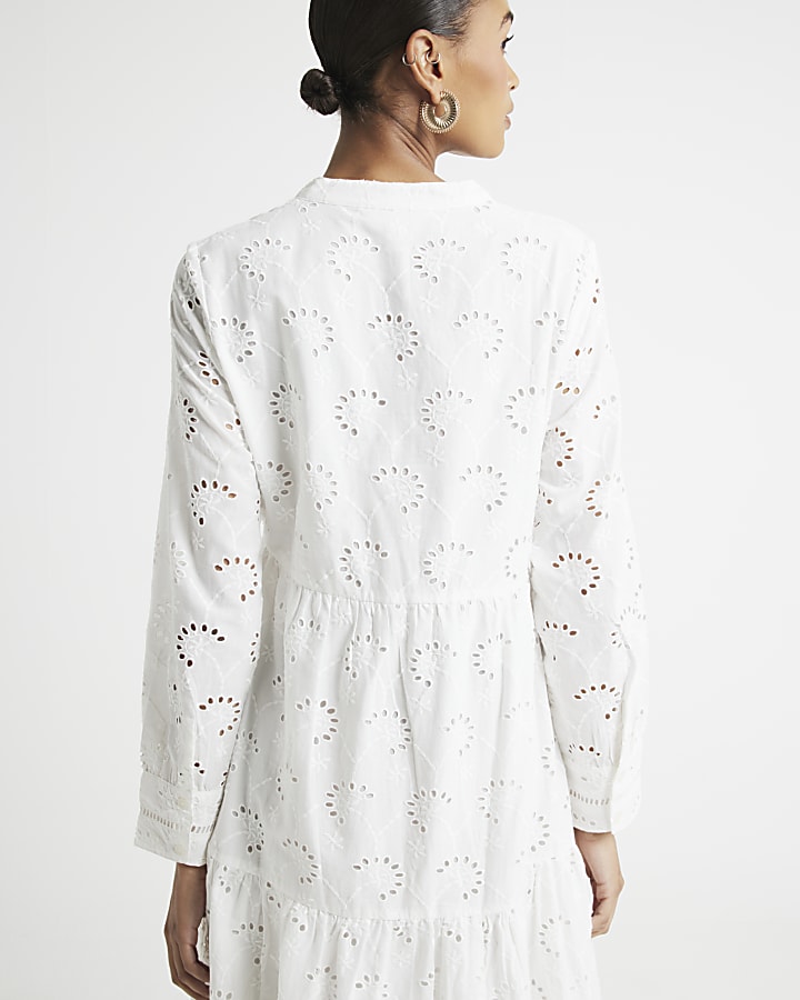 White Broderie Tiered Midi Shirt Dress