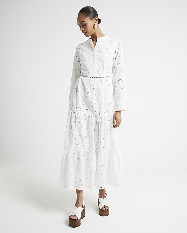 White Broderie Tiered Midi Shirt Dress