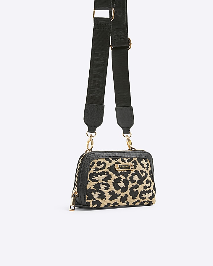 Beige jacquard leopard print cross body bag