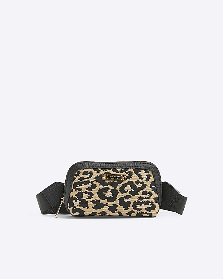 Beige jacquard leopard print cross body bag