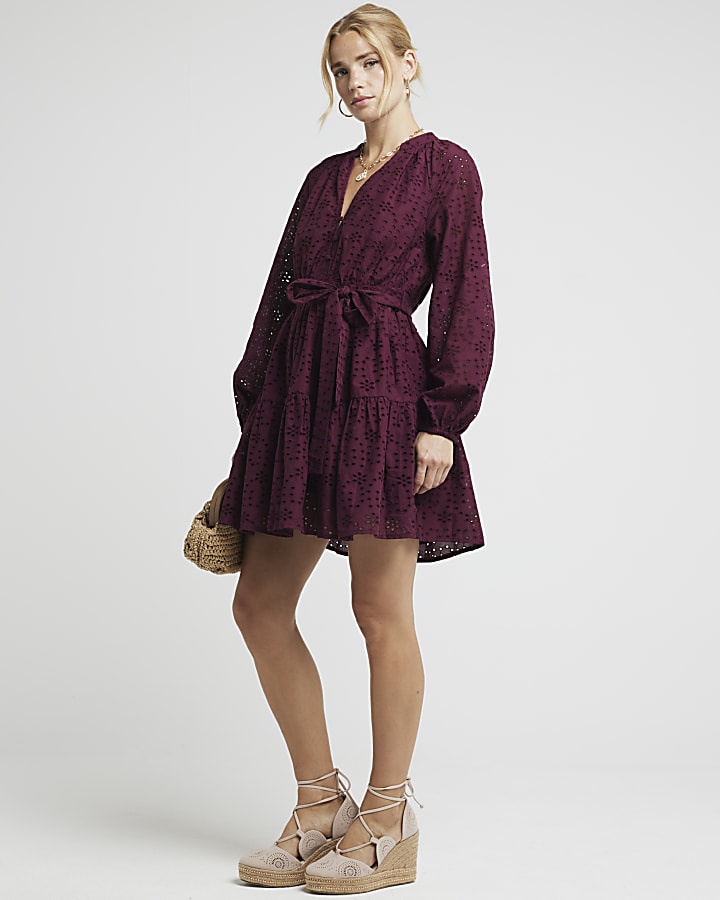 Red Broderie Belted Mini Shirt Dress