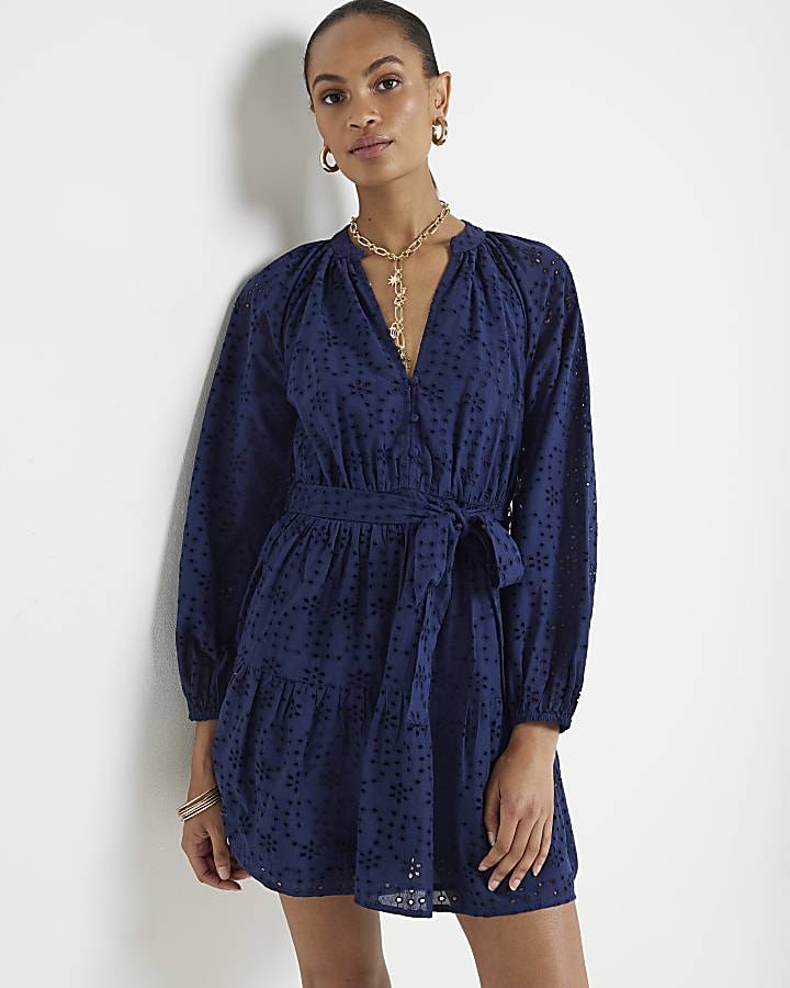 Navy Broderie Belted Mini Shirt Dress