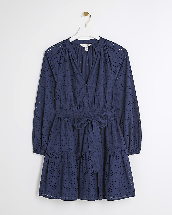 Navy Broderie Belted Mini Shirt Dress