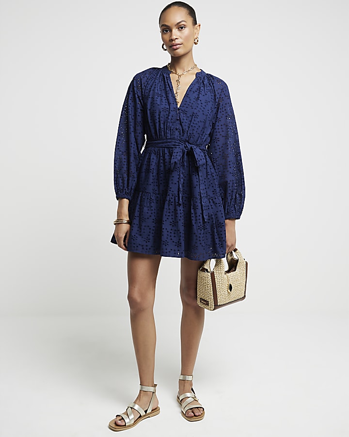 Navy Broderie Belted Mini Shirt Dress