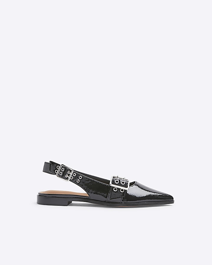 Black Sling Back flat Buckle Court Shoes