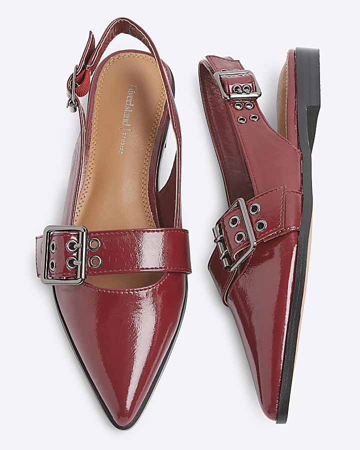 Red Sling Back flat Buckle Court Shoes