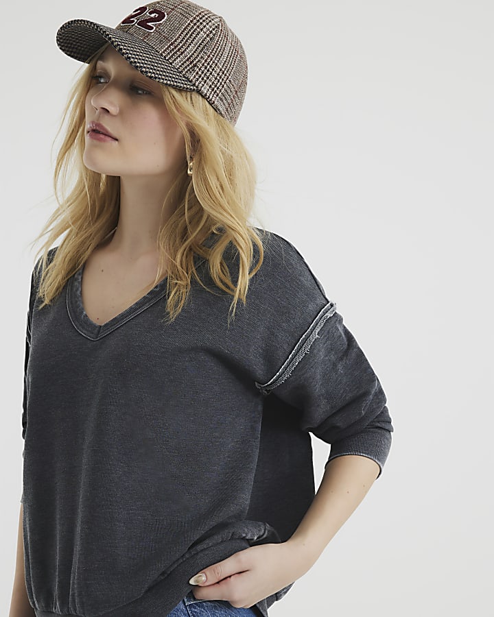 Grey V Neck Burnout Sweatshirt