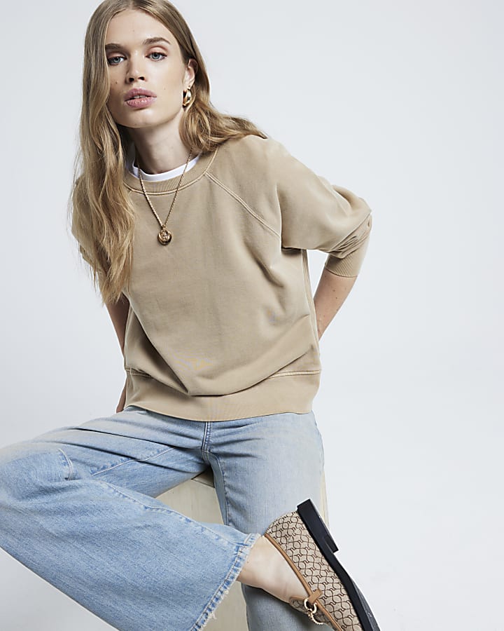 Beige seamed plain sweatshirt