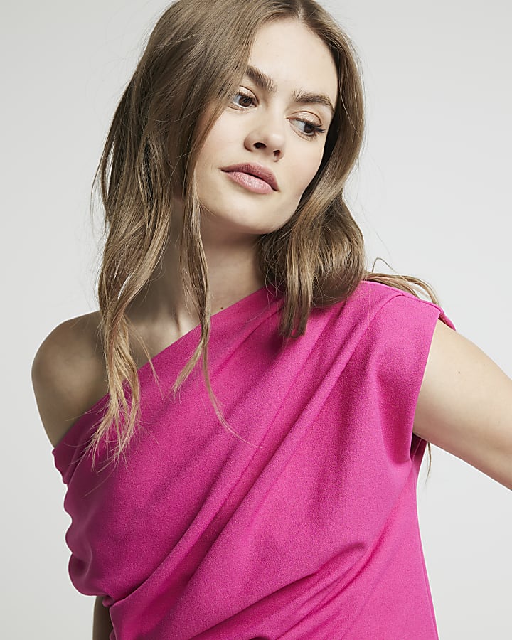 Bright Pink off shoulder drape top