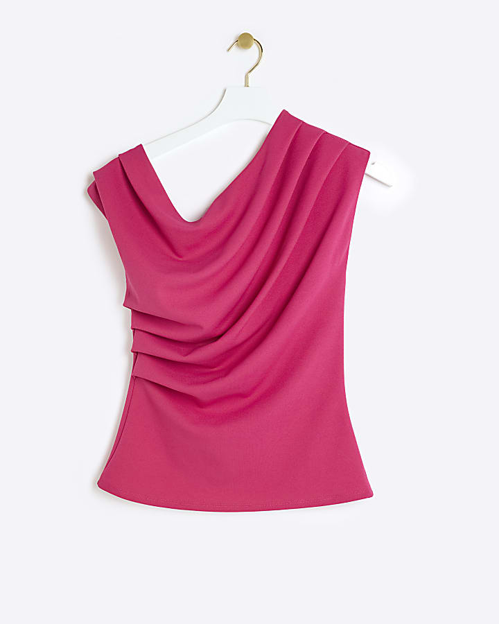 Bright Pink off shoulder drape top