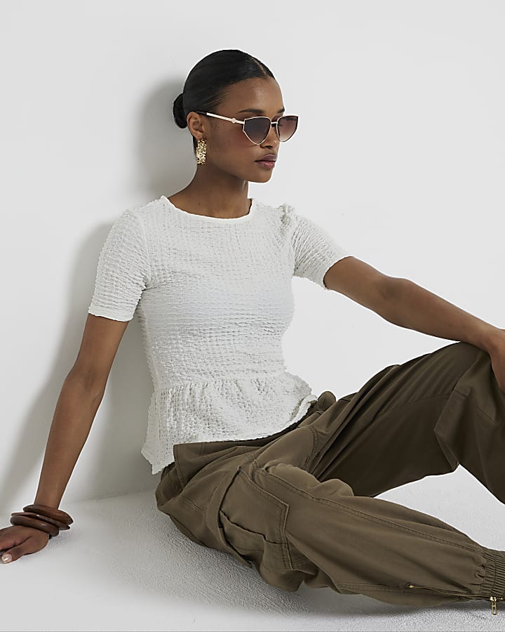 Cream textured peplum t-shirt