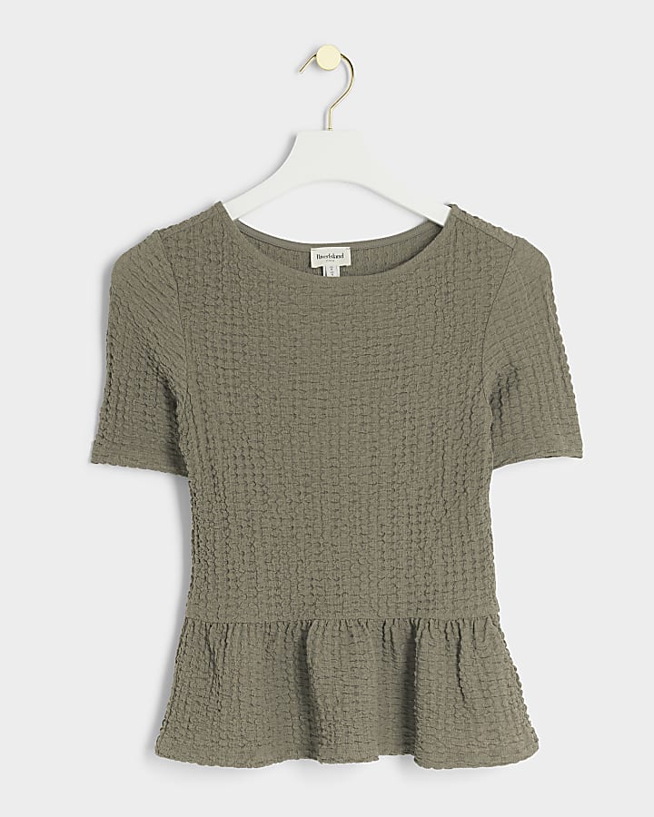 Brown textured peplum t-shirt