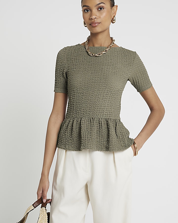 Brown textured peplum t-shirt