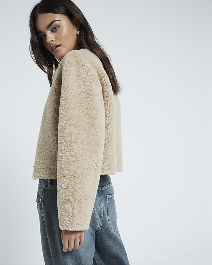 Beige Buttoned Faux Shearling Cardigan