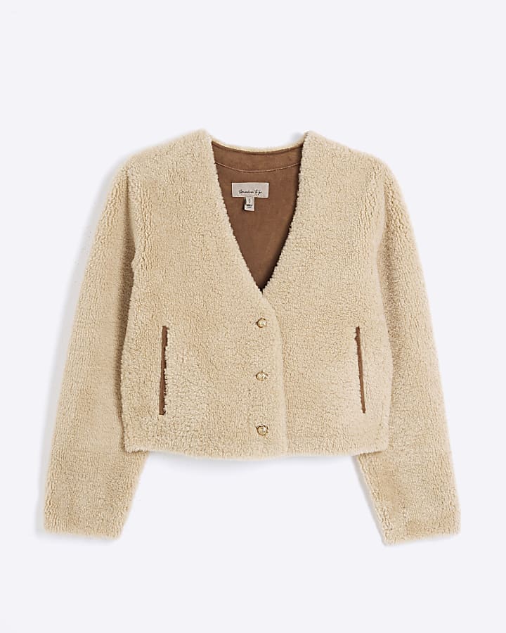 Beige Buttoned Faux Shearling Cardigan