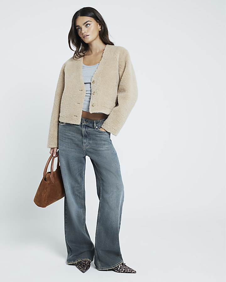 Beige Buttoned Faux Shearling Cardigan