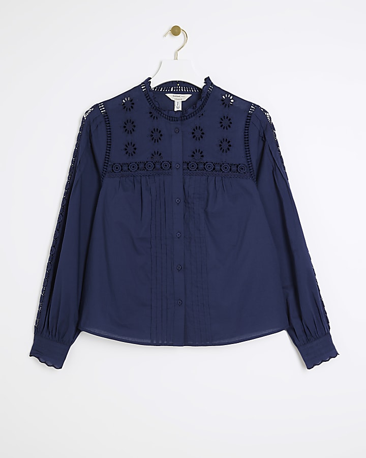 Navy pleated smock broderie blouse