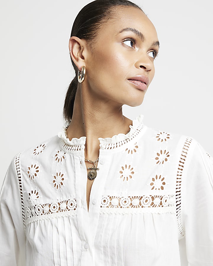 White pleated smock broderie blouse