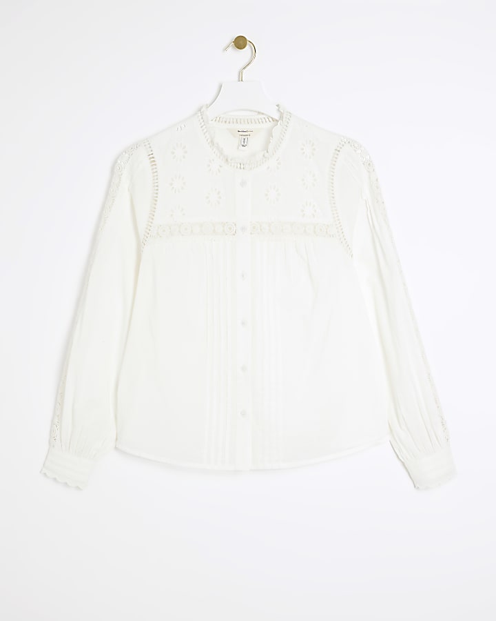 White pleated smock broderie blouse