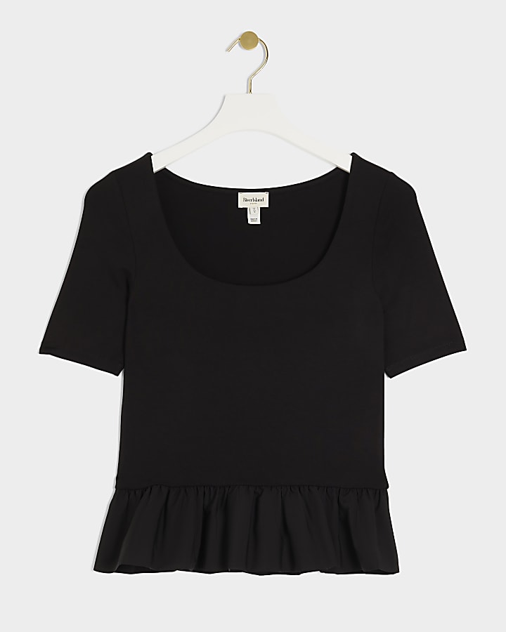 Black scoop neck peplum t-shirt