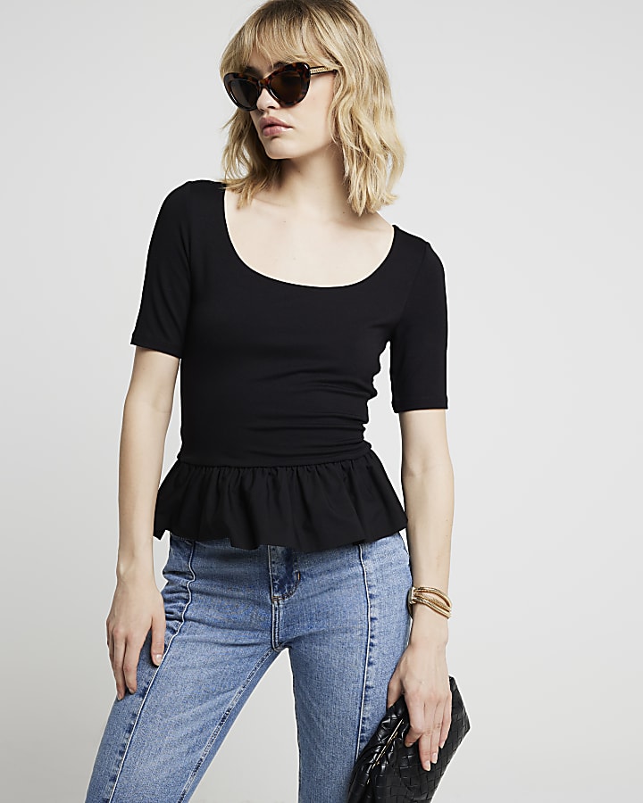 Black scoop neck peplum t-shirt