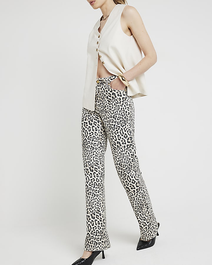 Brown leopard print relaxed straight jeans