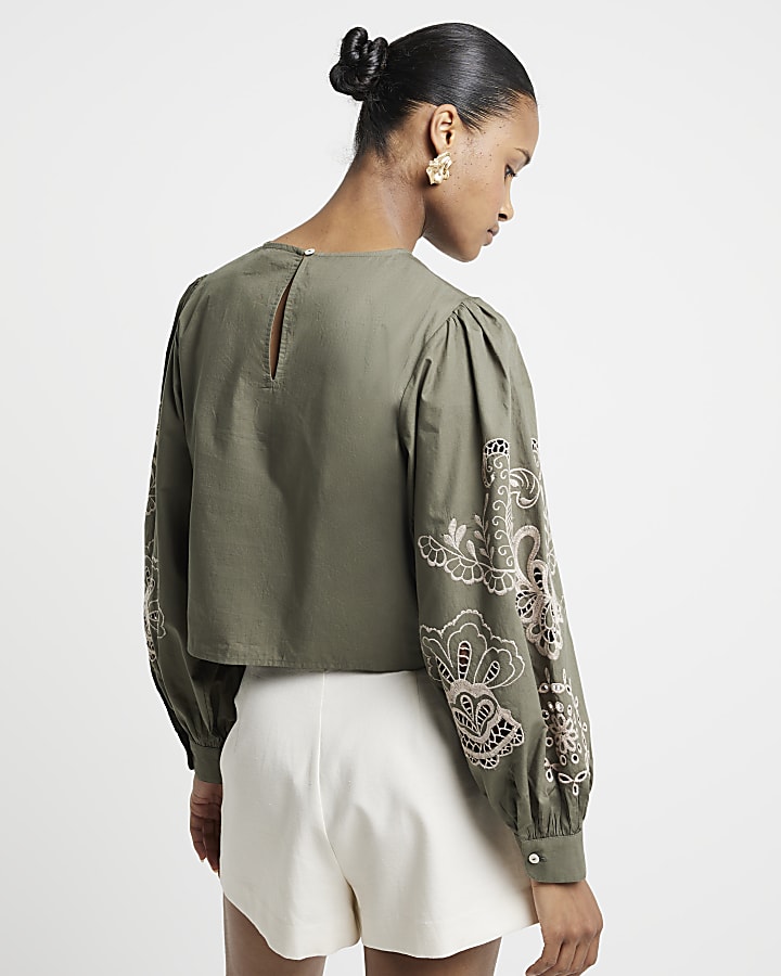 Khaki Floral Broderie Blouse