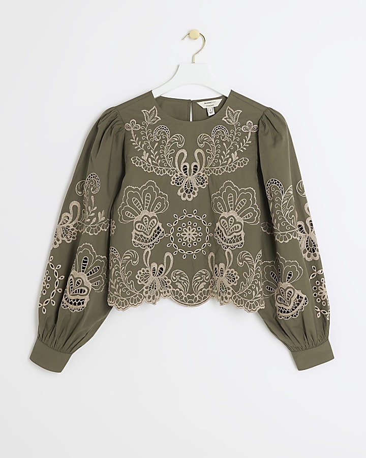 Khaki Floral Broderie Blouse