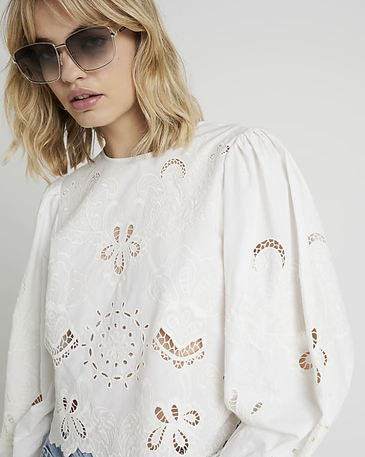 White floral broderie blouse