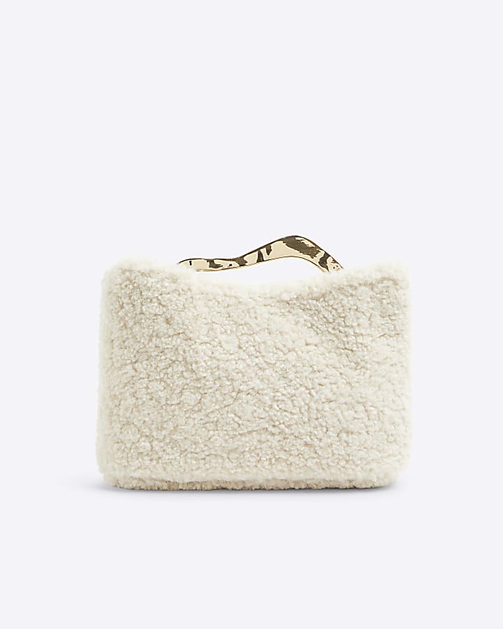 Beige borg hardware handle clutch bag