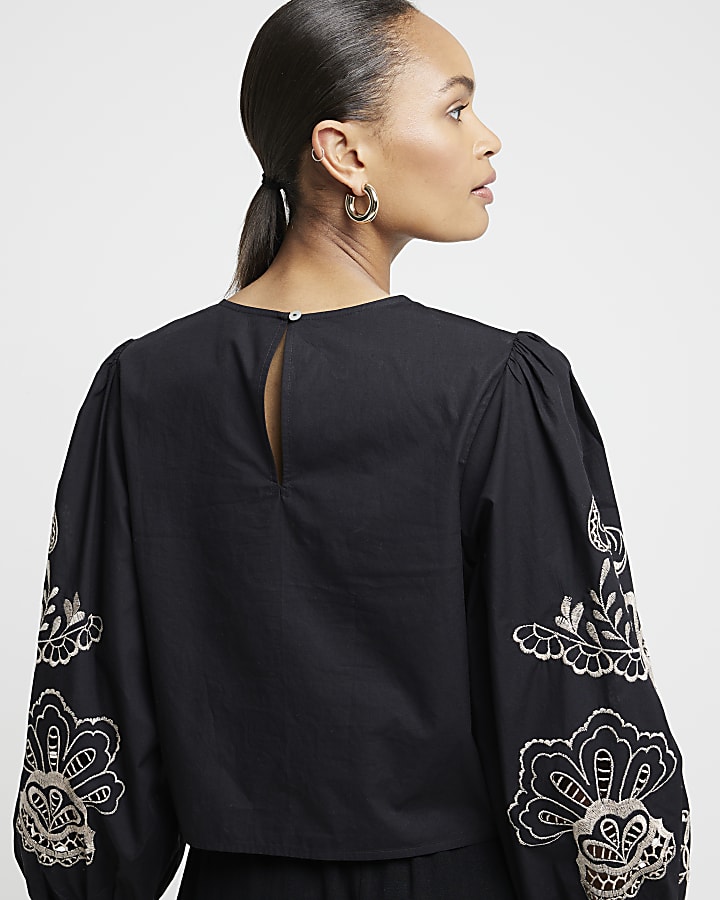 Black Floral Broderie Blouse