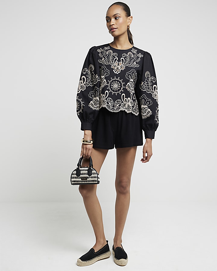 Black Floral Broderie Blouse