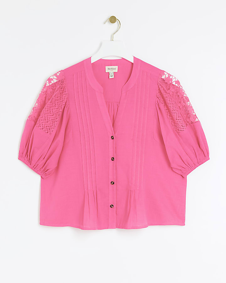 Pink lace panel puff sleeve blouse